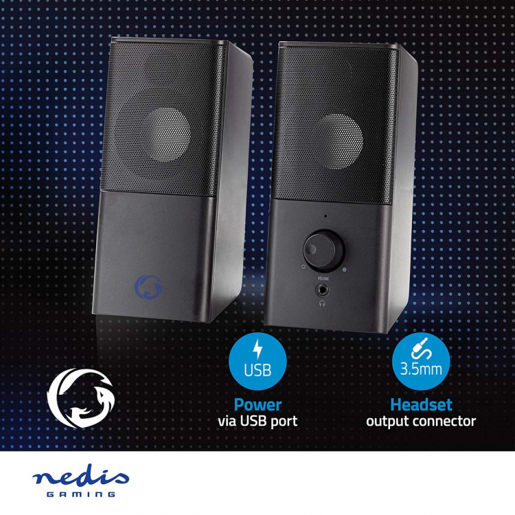 Nedis Gaming Speaker | Speaker channels: 2.0 | USB Powered | 3.5 mm Male | 18 W | Without Lighting | Volume control | Audio / video / data connections output: 1x 3.5 mm Audio Out