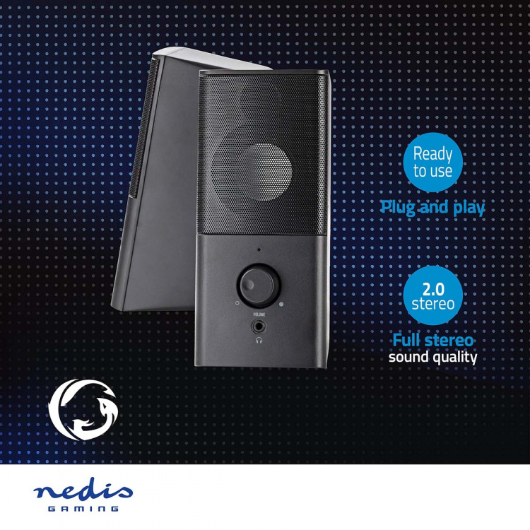 Nedis Gaming Speaker | Speaker channels: 2.0 | USB Powered | 3.5 mm Male | 18 W | Without Lighting | Volume control | Audio / video / data connections output: 1x 3.5 mm Audio Out