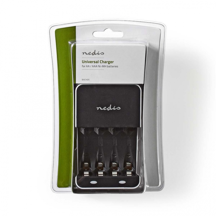 Nedis NiMH Battery Charger AA / AAA | 1.2 V DC | Trickle charging | Type C (CEE 7/16) | Battery type: AA / AAA | Black / White Nedis NiMH Battery Charger AA / AAA | 1.2 V DC | Trickle charging | Type C (CEE 7/16) | Battery type: AA / AAA | Black / White