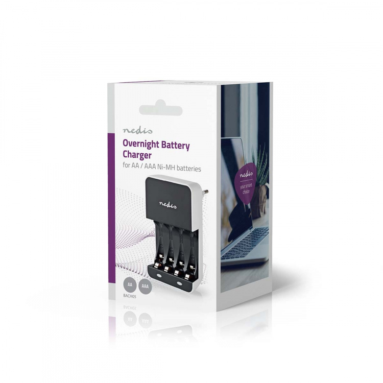 Nedis NiMH Battery Charger AA / AAA | 1.2 V DC | Trickle charging | Type C (CEE 7/16) | Battery type: AA / AAA | Black / White Nedis NiMH Battery Charger AA / AAA | 1.2 V DC | Trickle charging | Type C (CEE 7/16) | Battery type: AA / AAA | Black / White