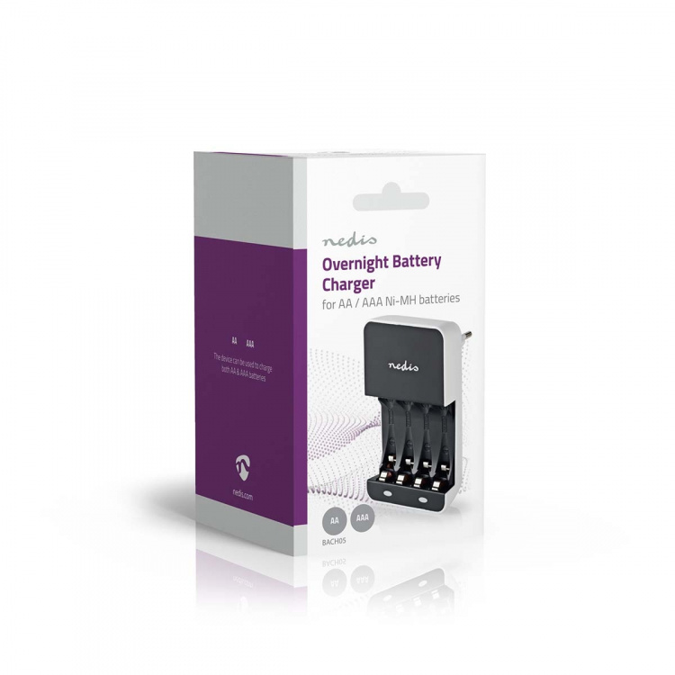 Nedis NiMH Battery Charger AA / AAA | 1.2 V DC | Trickle charging | Type C (CEE 7/16) | Battery type: AA / AAA | Black / White Nedis NiMH Battery Charger AA / AAA | 1.2 V DC | Trickle charging | Type C (CEE 7/16) | Battery type: AA / AAA | Black / White