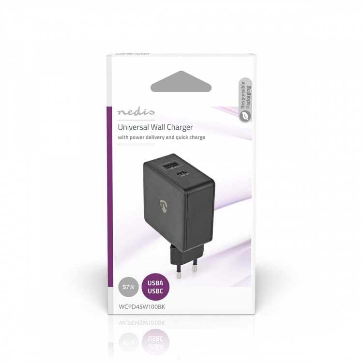 Nedis Wall Charger | PD3.0 45W | Quick charge feature | 2.25 / 2.4 / 3.0 A | Number of outputs: 2 | USB-A / USB-C™ | No Cable Included | Automatic Voltage Selection | Black