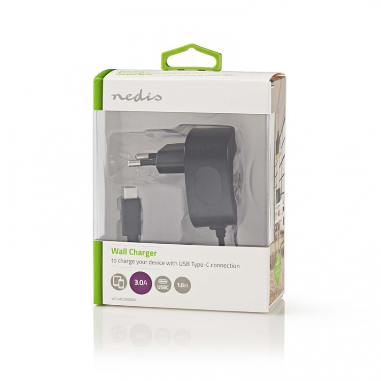 Nedis Wall Charger | Quick charge feature | 1x 3.0 A | Number of outputs: 1 | USB-C™ (Fixed) Cable | 1.50 m | Single Voltage Output | Black