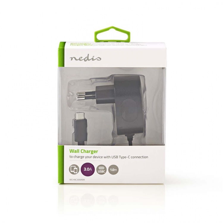 Nedis Wall Charger | Quick charge feature | 1x 3.0 A | Number of outputs: 1 | USB-C™ (Fixed) Cable | 1.50 m | Single Voltage Output | Black