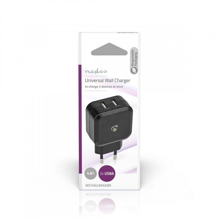 Nedis Wall Charger | Quick charge feature | 2x 2.4 A | Number of outputs: 2 | 2x USB-A | No Cable Included | Single Voltage Output | Black