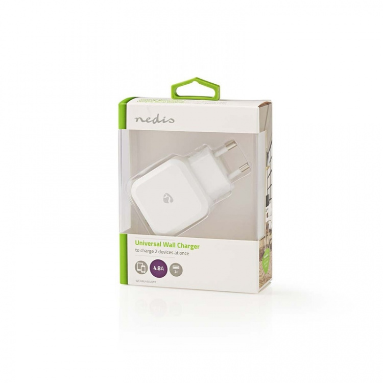 Nedis Wall Charger | Quick charge feature | 2x 2.4 A | Number of outputs: 2 | 2x USB-A | No Cable Included | Single Voltage Output | White