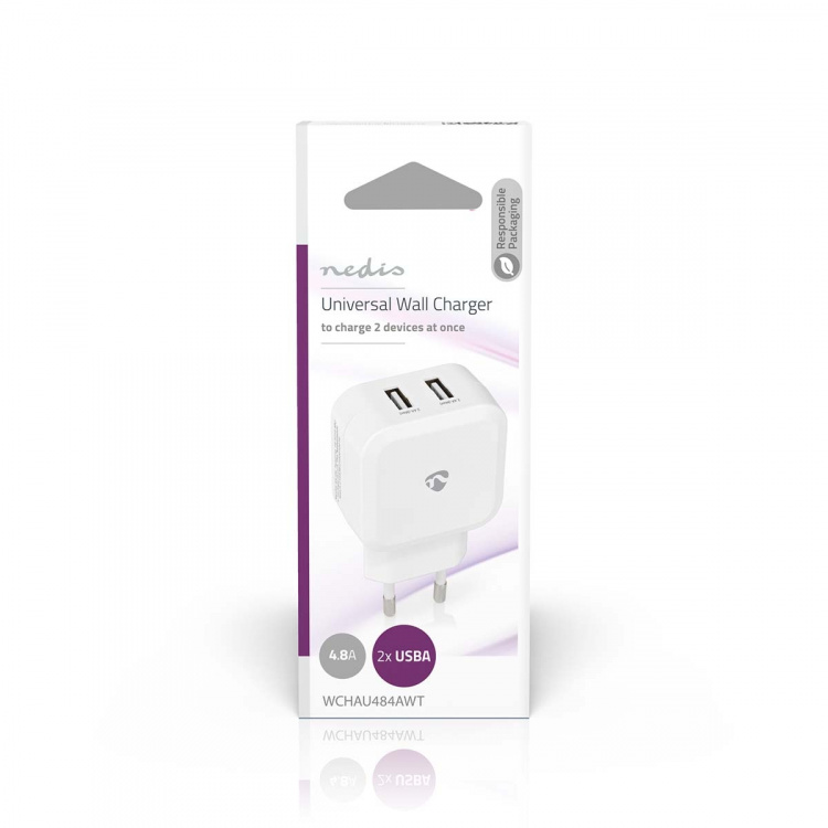 Nedis Wall Charger | Quick charge feature | 2x 2.4 A | Number of outputs: 2 | 2x USB-A | No Cable Included | Single Voltage Output | White