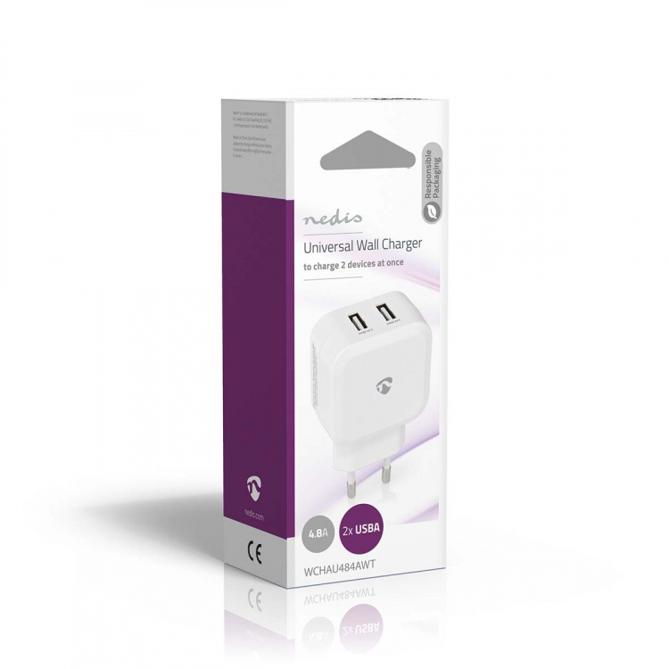 Nedis Wall Charger | Quick charge feature | 2x 2.4 A | Number of outputs: 2 | 2x USB-A | No Cable Included | Single Voltage Output | White