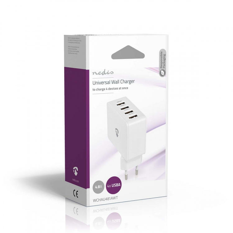 Nedis Wall Charger | 2x 1.0 A / 2x 2.4 A | Number of outputs: 4 | Port type: 4x USB-A | No Cable Included | 24 W | Single Voltage Output