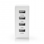 Nedis Wall Charger | 2x 1.0 A / 2x 2.4 A | Number of outputs: 4 | Port type: 4x USB-A | No Cable Included | 24 W | Single Voltage Output