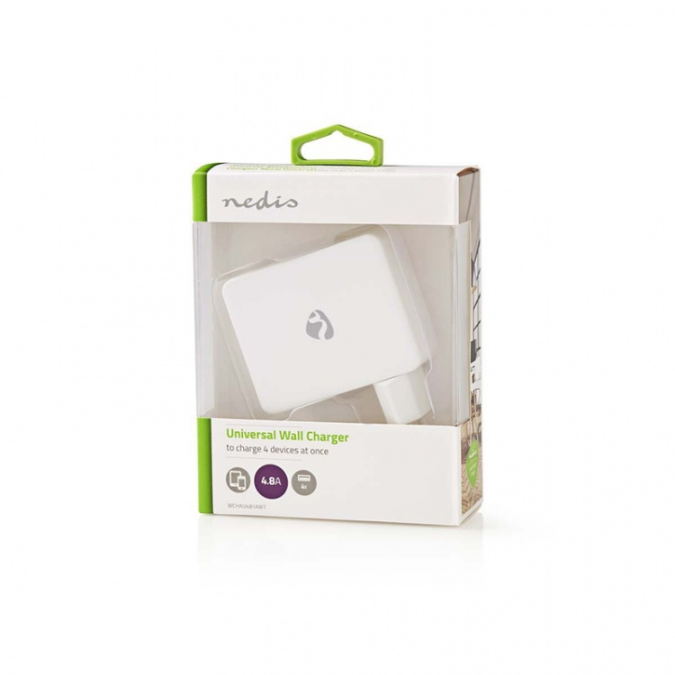Nedis Wall Charger | 2x 1.0 A / 2x 2.4 A | Number of outputs: 4 | Port type: 4x USB-A | No Cable Included | 24 W | Single Voltage Output