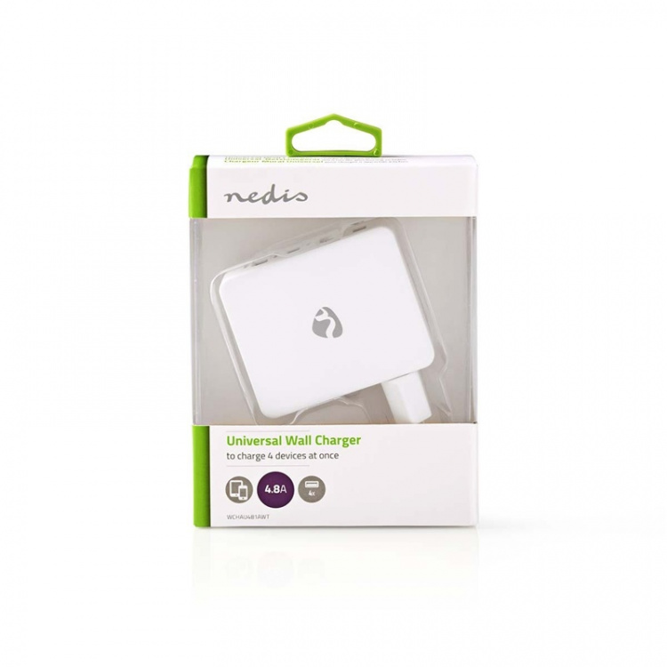 Nedis Wall Charger | 2x 1.0 A / 2x 2.4 A | Number of outputs: 4 | Port type: 4x USB-A | No Cable Included | 24 W | Single Voltage Output