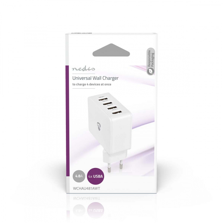 Nedis Wall Charger | 2x 1.0 A / 2x 2.4 A | Number of outputs: 4 | Port type: 4x USB-A | No Cable Included | 24 W | Single Voltage Output