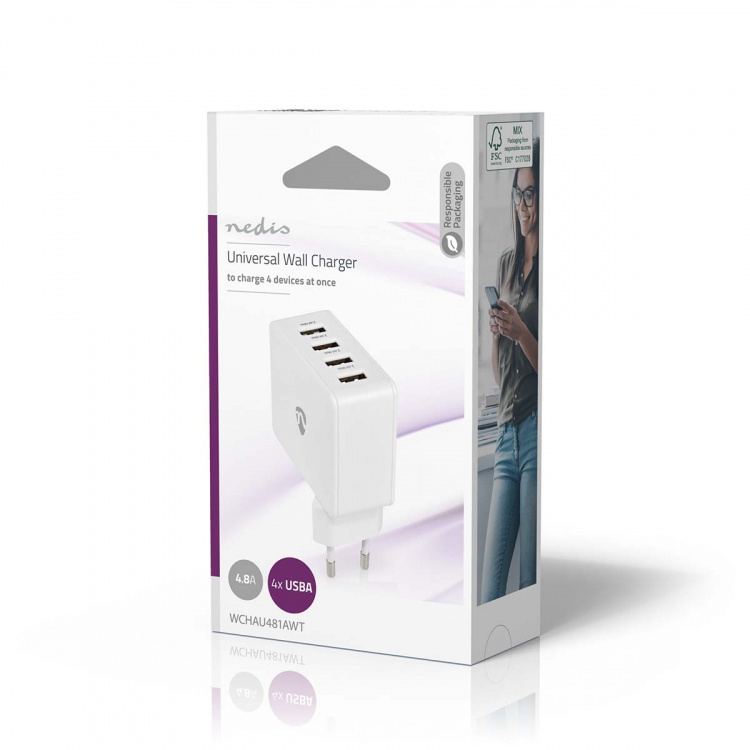 Nedis Wall Charger | 2x 1.0 A / 2x 2.4 A | Number of outputs: 4 | Port type: 4x USB-A | No Cable Included | 24 W | Single Voltage Output