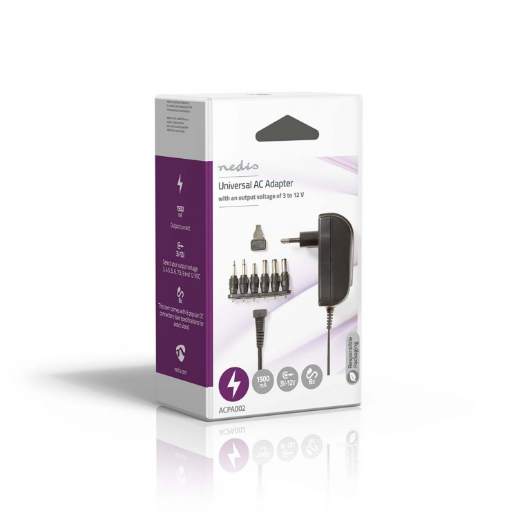 Nedis Universal AC Power Adapter | 18 W | 3 - 12 V DC | 1.80 m | 1.5 / 2.1 A | 6 plug(s) | Black