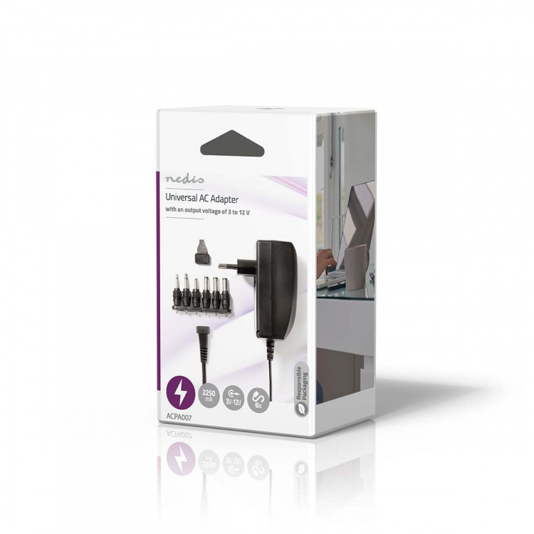 Nedis Universal AC Power Adapter | 27 W | 3 - 12 V DC | 1.80 m | 2.25 A | 6 plug(s) | Black Nedis Universal AC Power Adapter | 27 W | 3 - 12 V DC | 1.80 m | 2.25 A | 6 plug(s) | Black