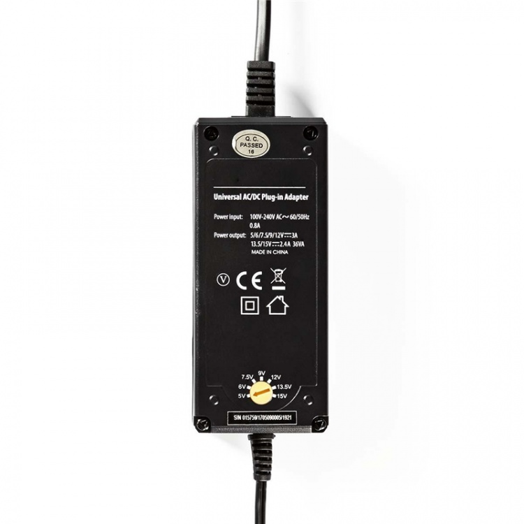 Nedis Universal AC Power Adapter | 36 W | 5 - 15 V DC | 3.60 m | 2.4 - 3.0 A | 6 plug(s) | Black