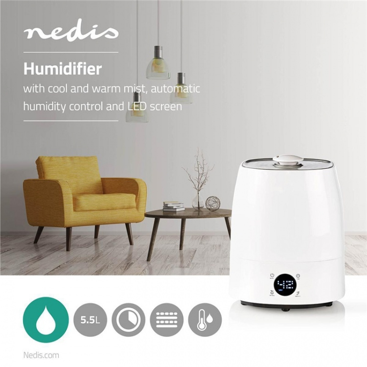 Nedis Air Humidifier | 110 W | With Cool and Warm Mist | 5.5 l | Hygrometer | Timer | Suitable for space up to: 50 m² | Grey / White Nedis Air Humidifier | 110 W | With Cool and Warm Mist | 5.5 l | Hygrometer | Timer | Suitable for space up to: 50 m² | Grey / White