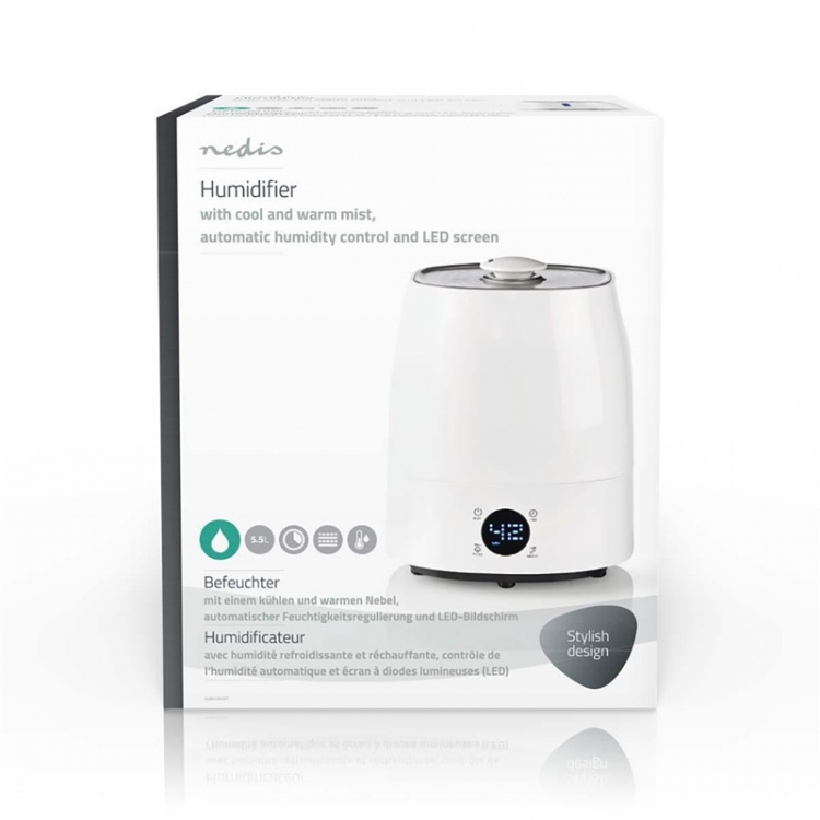 Nedis Air Humidifier | 110 W | With Cool and Warm Mist | 5.5 l | Hygrometer | Timer | Suitable for space up to: 50 m² | Grey / White Nedis Air Humidifier | 110 W | With Cool and Warm Mist | 5.5 l | Hygrometer | Timer | Suitable for space up to: 50 m² | Grey / White