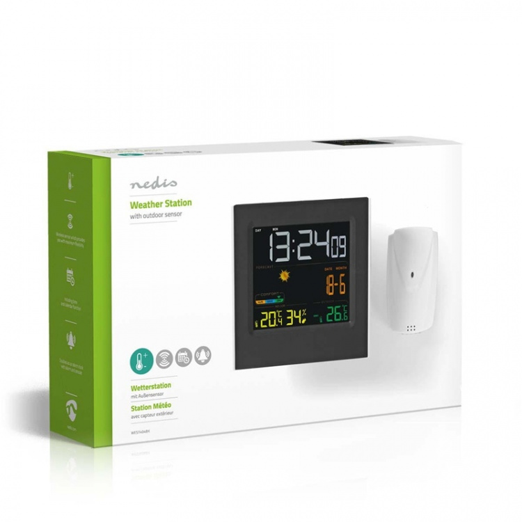 Nedis Weather Station | Indoor & Outdoor | Including wireless weather sensor | Weather forecast | Time display | LED | Alarm clock function Nedis Weather Station | Indoor & Outdoor | Including wireless weather sensor | Weather forecast | Time display | LED | Alarm clock function