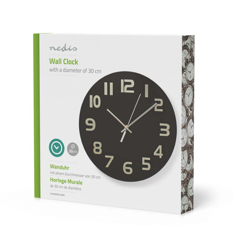 Nedis Wall Clock | Diameter: 300 mm | Glass | Black