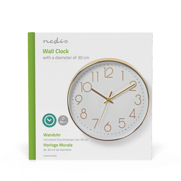 Nedis Wall Clock | Diameter: 300 mm | Plastic | Gold / White