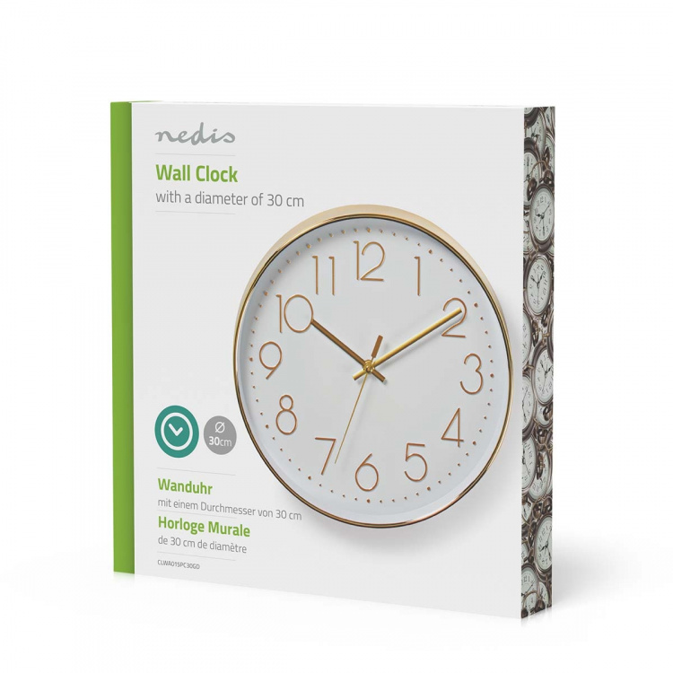 Nedis Wall Clock | Diameter: 300 mm | Plastic | Gold / White