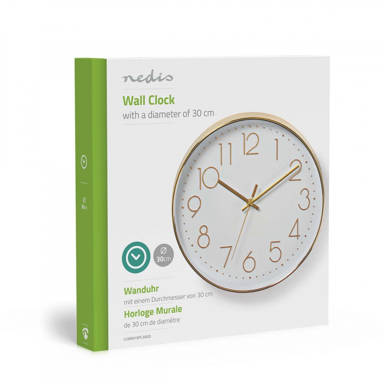Nedis Wall Clock | Diameter: 300 mm | Plastic | Gold / White