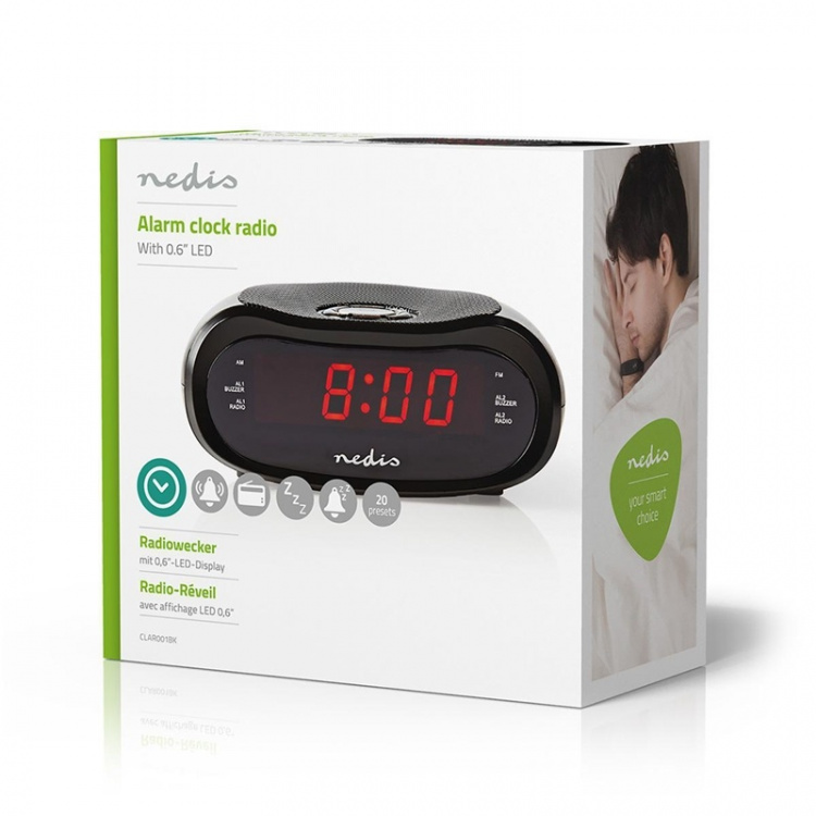 Nedis Digital Alarm Clock Radio | LED | AM / FM | Snooze function | Sleep timer | Number of alarms: 2 | Black Nedis Digital Alarm Clock Radio | LED | AM / FM | Snooze function | Sleep timer | Number of alarms: 2 | Black