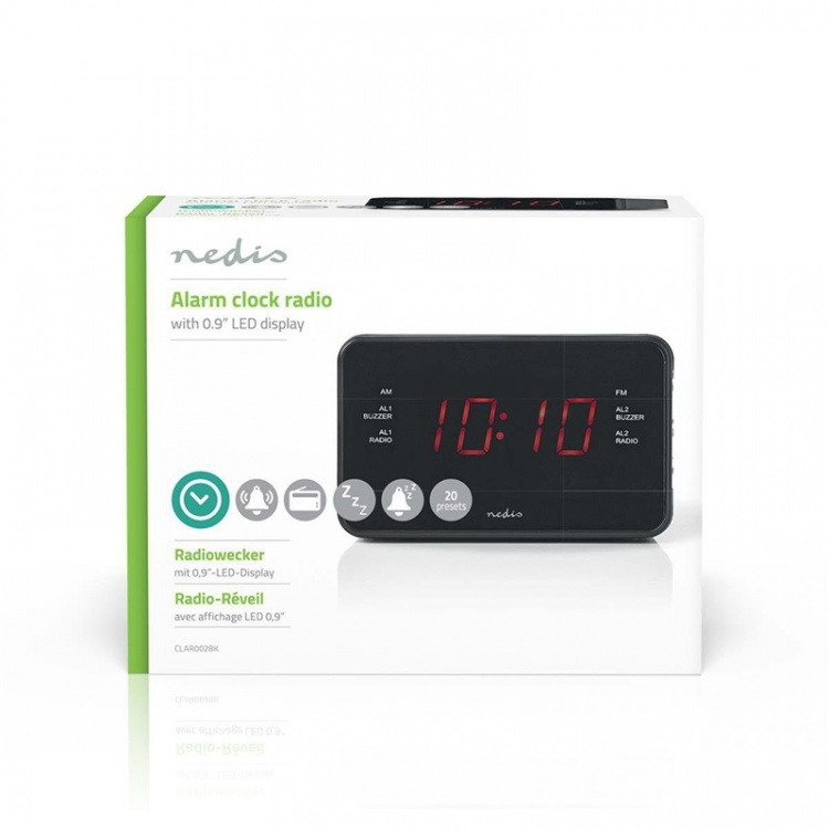 Nedis Digital Alarm Clock Radio | LED | 1x 3.5 mm Audio Input | Time projection | AM / FM | Snooze function | Sleep timer | Number of alarms: 2 | Black Nedis Digital Alarm Clock Radio | LED | 1x 3.5 mm Audio Input | Time projection | AM / FM | Snooze function | Sleep timer | Number of alarms: 2 | Black