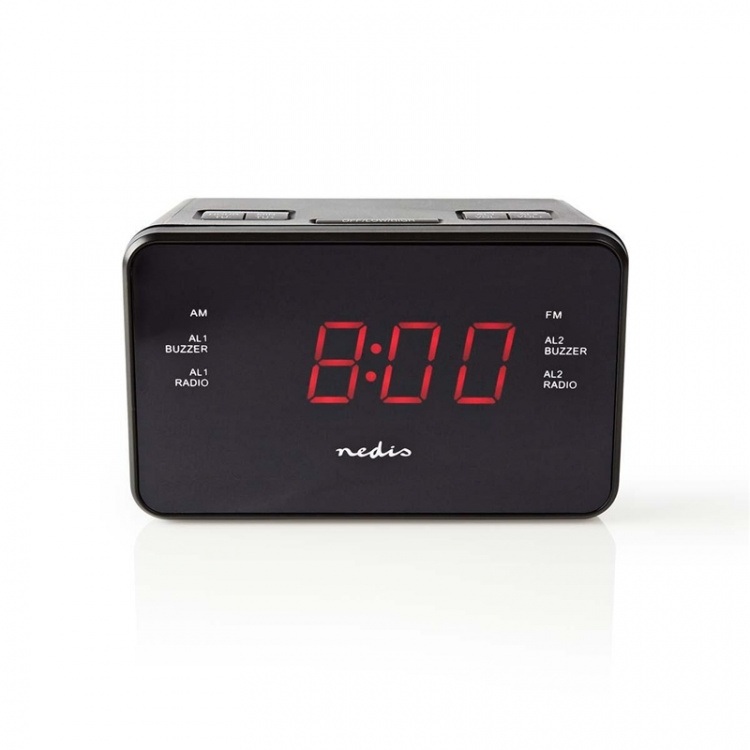 Nedis Digital Alarm Clock Radio | LED | 1x 3.5 mm Audio Input | Time projection | AM / FM | Snooze function | Sleep timer | Number of alarms: 2 | Black Nedis Digital Alarm Clock Radio | LED | 1x 3.5 mm Audio Input | Time projection | AM / FM | Snooze function | Sleep timer | Number of alarms: 2 | Black