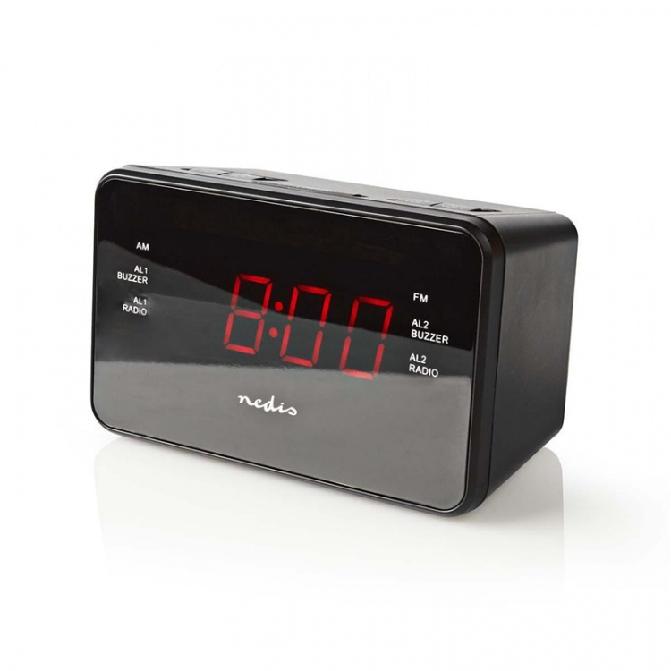 Nedis Digital Alarm Clock Radio | LED | 1x 3.5 mm Audio Input | Time projection | AM / FM | Snooze function | Sleep timer | Number of alarms: 2 | Black Nedis Digital Alarm Clock Radio | LED | 1x 3.5 mm Audio Input | Time projection | AM / FM | Snooze function | Sleep timer | Number of alarms: 2 | Black