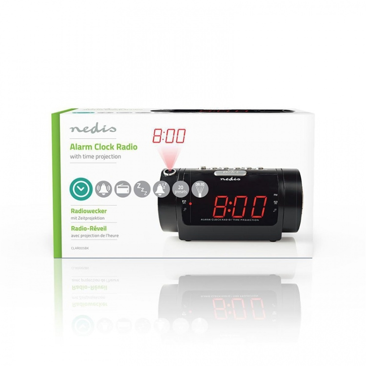 Nedis Digital Alarm Clock Radio | LED | Time projection | AM / FM | Snooze function | Sleep timer | Number of alarms: 2 | Black Nedis Digital Alarm Clock Radio | LED | Time projection | AM / FM | Snooze function | Sleep timer | Number of alarms: 2 | Black