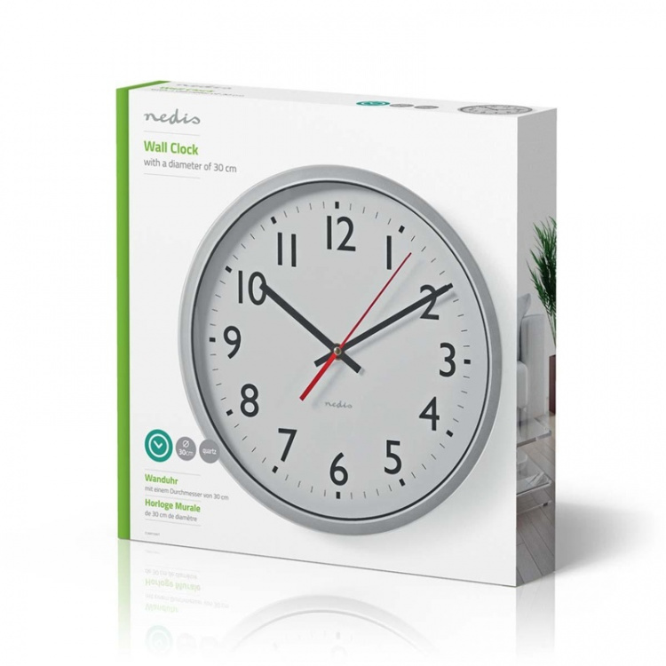 Nedis Wall Clock | Diameter: 300 mm | Plastic | Silver / White Nedis Wall Clock | Diameter: 300 mm | Plastic | Silver / White