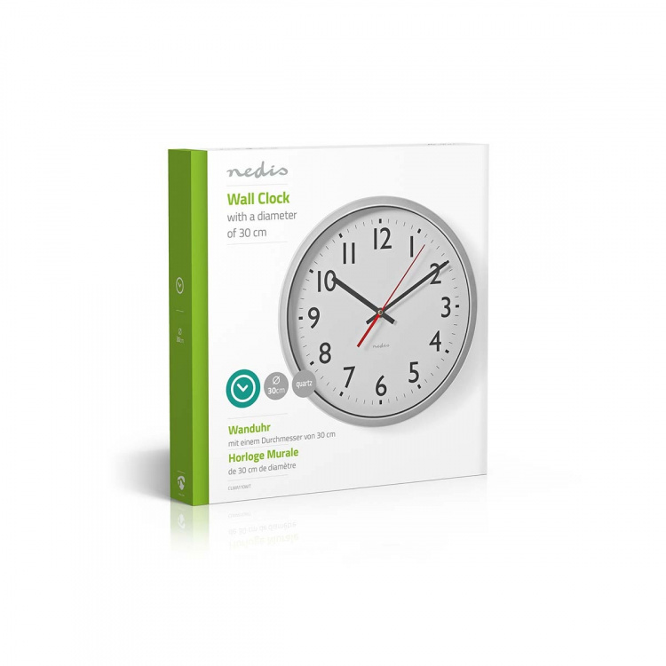 Nedis Wall Clock | Diameter: 300 mm | Plastic | Silver / White Nedis Wall Clock | Diameter: 300 mm | Plastic | Silver / White