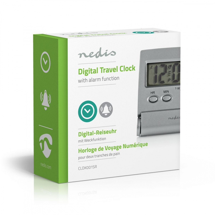 Nedis Digital Desk Alarm Clock | Backlight LCD Display | 1.7 cm | Backlight | Foldable | Used for: Travel | Snooze function | Yes | Silver