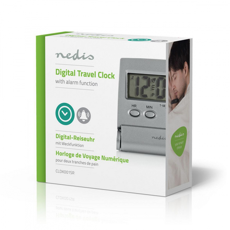 Nedis Digital Desk Alarm Clock | Backlight LCD Display | 1.7 cm | Backlight | Foldable | Used for: Travel | Snooze function | Yes | Silver