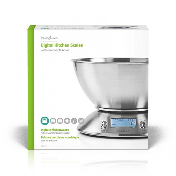 Nedis Kitchen Scales | Digital | Stainless Steel | Timer | Thermometer function | Removable Bowl | Silver