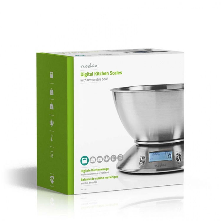 Nedis Kitchen Scales | Digital | Stainless Steel | Timer | Thermometer function | Removable Bowl | Silver