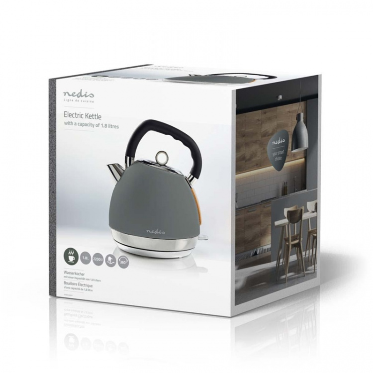 Nedis Electric Kettle | 1.8 l | Soft-Touch | Grey | Rotatable 360 degrees | Concealed heating element | Strix® controller | Boil-dry protection Nedis Electric Kettle | 1.8 l | Soft-Touch | Grey | Rotatable 360 degrees | Concealed heating element | Strix® controller | Boil-dry protection