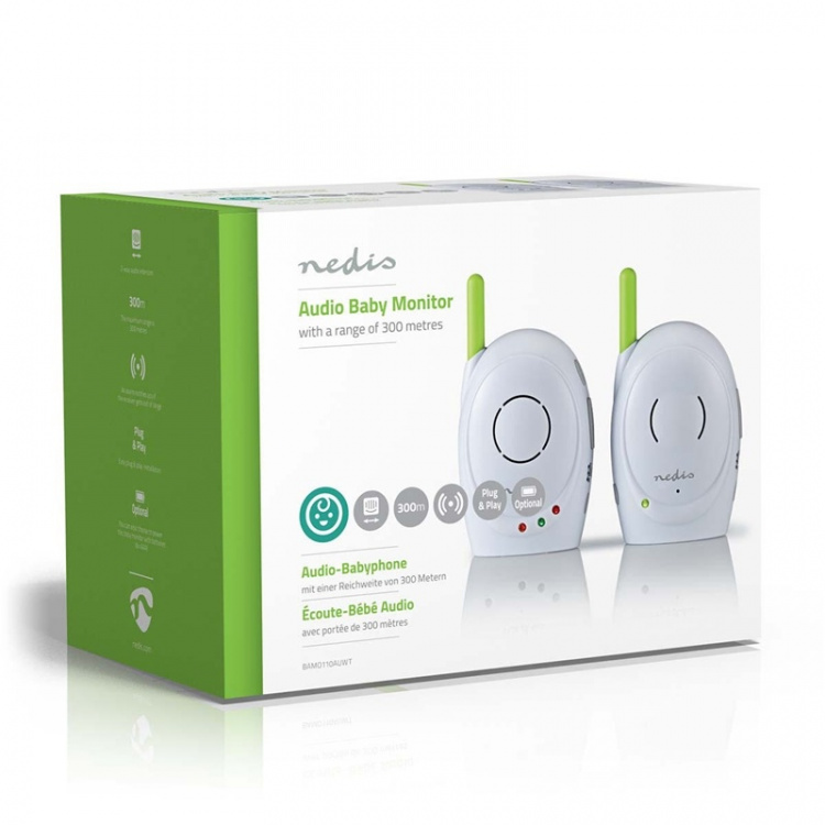 Nedis Audio Baby Monitor | FHSS (Frequency-Hopping Spread Spectrum) | With talk back function | Range: 300 m | Battery Powered / Mains Powered | Green / White