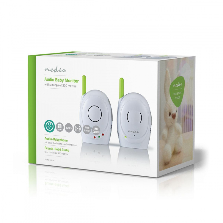 Nedis Audio Baby Monitor | FHSS (Frequency-Hopping Spread Spectrum) | With talk back function | Range: 300 m | Battery Powered / Mains Powered | Green / White