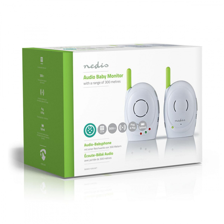Nedis Audio Baby Monitor | FHSS (Frequency-Hopping Spread Spectrum) | With talk back function | Range: 300 m | Battery Powered / Mains Powered | Green / White