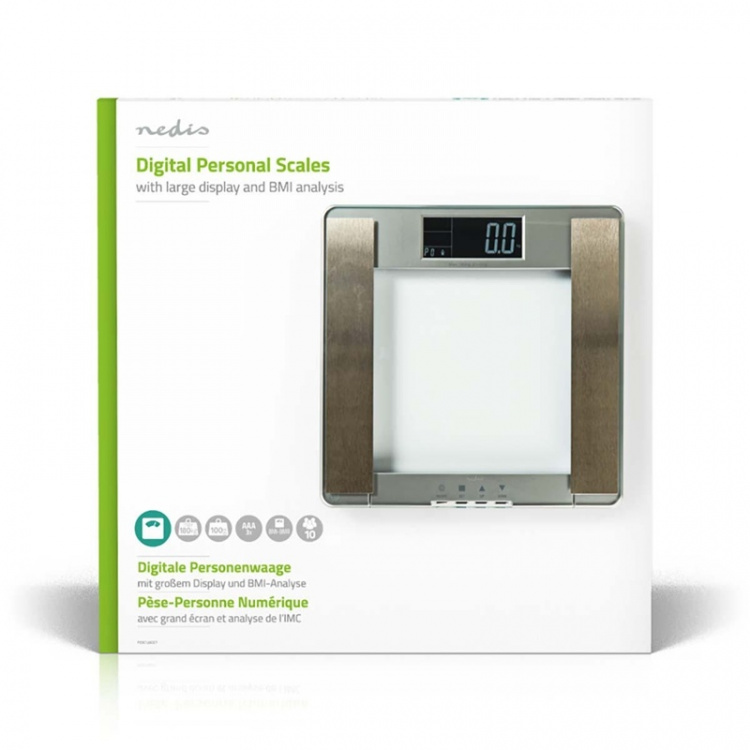 Nedis Personal Scale | Digital | Silver | Tempered Glass | Maximum weighing capacity: 180 kg | Body analysis