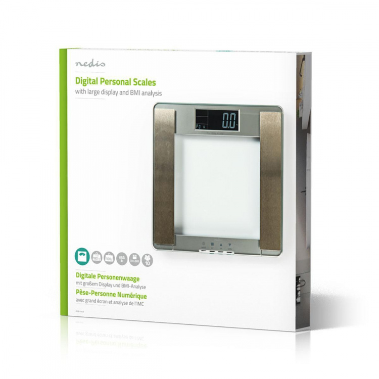 Nedis Personal Scale | Digital | Silver | Tempered Glass | Maximum weighing capacity: 180 kg | Body analysis