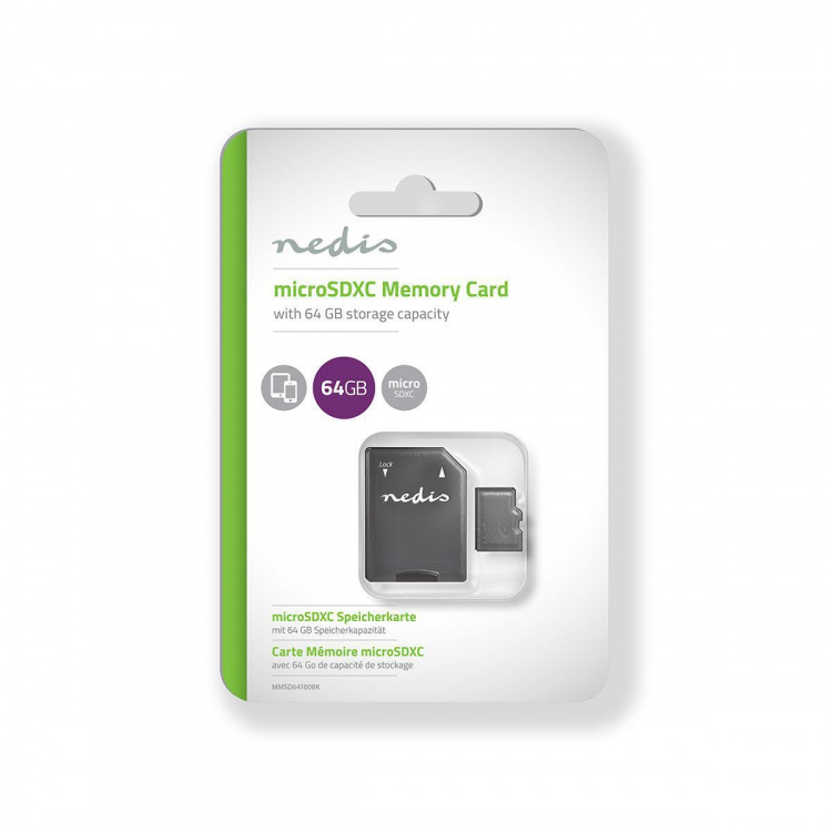 Nedis Memory Card | microSDXC | 64 GB | Write speed: 50 MB/s | Read speed: 100 MB/s | UHS-I | SD adapter included Nedis Memory Card | microSDXC | 64 GB | Write speed: 50 MB/s | Read speed: 100 MB/s | UHS-I | SD adapter included