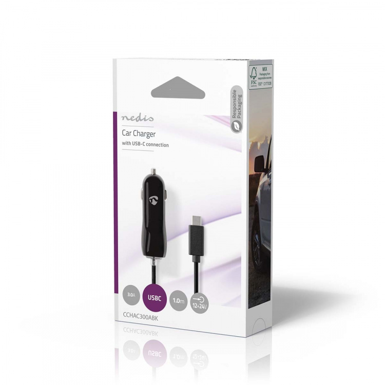 Nedis Car Charger | 1x 3.0 A | Number of outputs: 1 | USB-C™ (Fixed) Cable | 1.00 m | Single Voltage Output