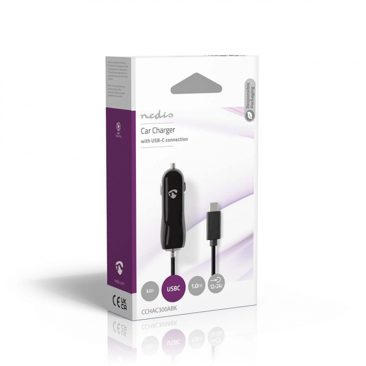 Nedis Car Charger | 1x 3.0 A | Number of outputs: 1 | USB-C™ (Fixed) Cable | 1.00 m | Single Voltage Output