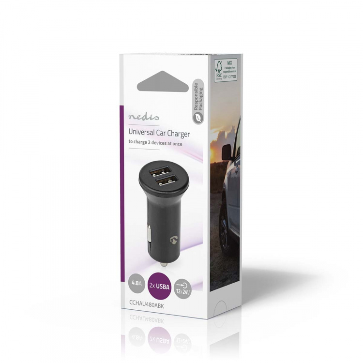 Nedis Car Charger | 2x 2.4 A | Number of outputs: 2 | Port type: 2x USB-A | | Single Voltage Output Nedis Car Charger | 2x 2.4 A | Number of outputs: 2 | Port type: 2x USB-A | | Single Voltage Output