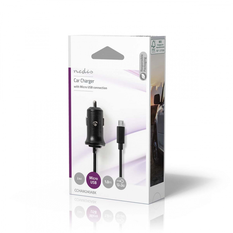 Nedis Car Charger | 1x 2.4 A | Number of outputs: 1 | Micro USB (Fixed) Cable | 1.00 m | Single Voltage Output